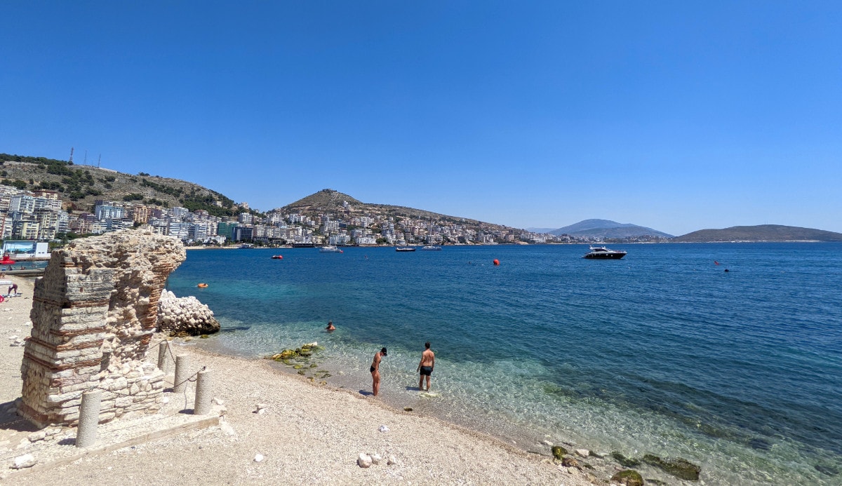 saranda city beach and ancient ruin at the Albanian Riviera