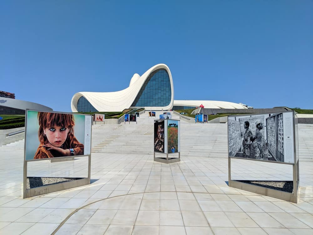 heydar aliyev center  with posters.