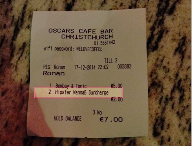 Bill receipt for Hipster wannabe dublin pub