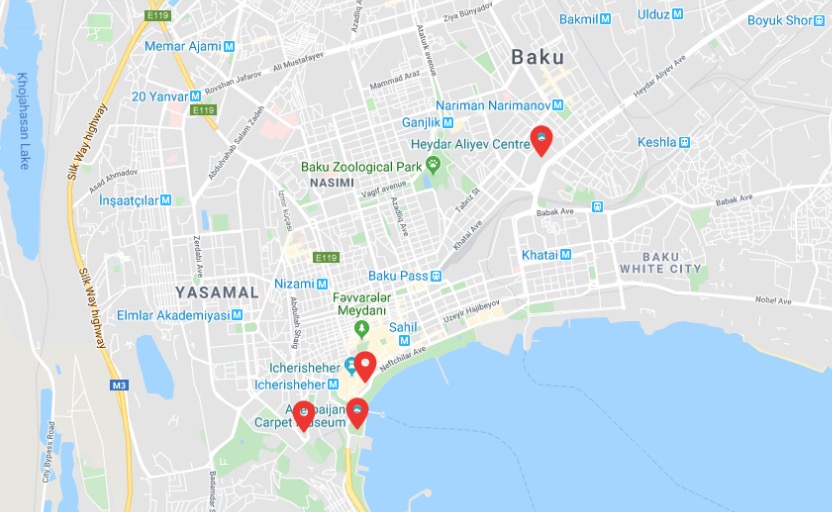 map of Baku showing important markers