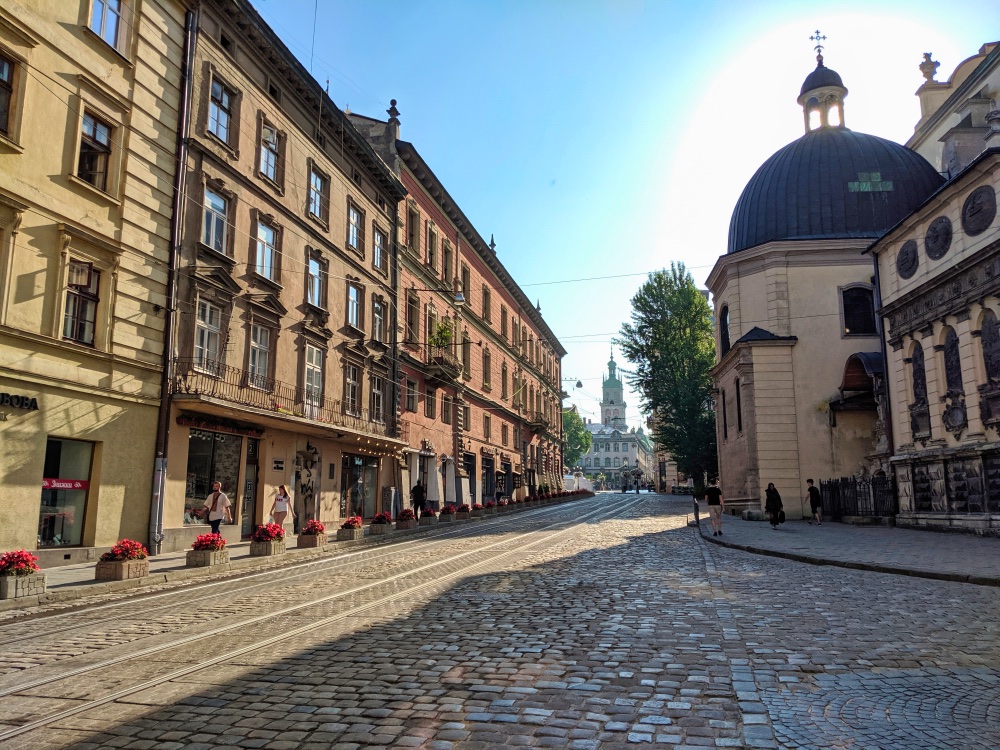 Tram Tracks Running Through Cobbled Streets Of Lviv