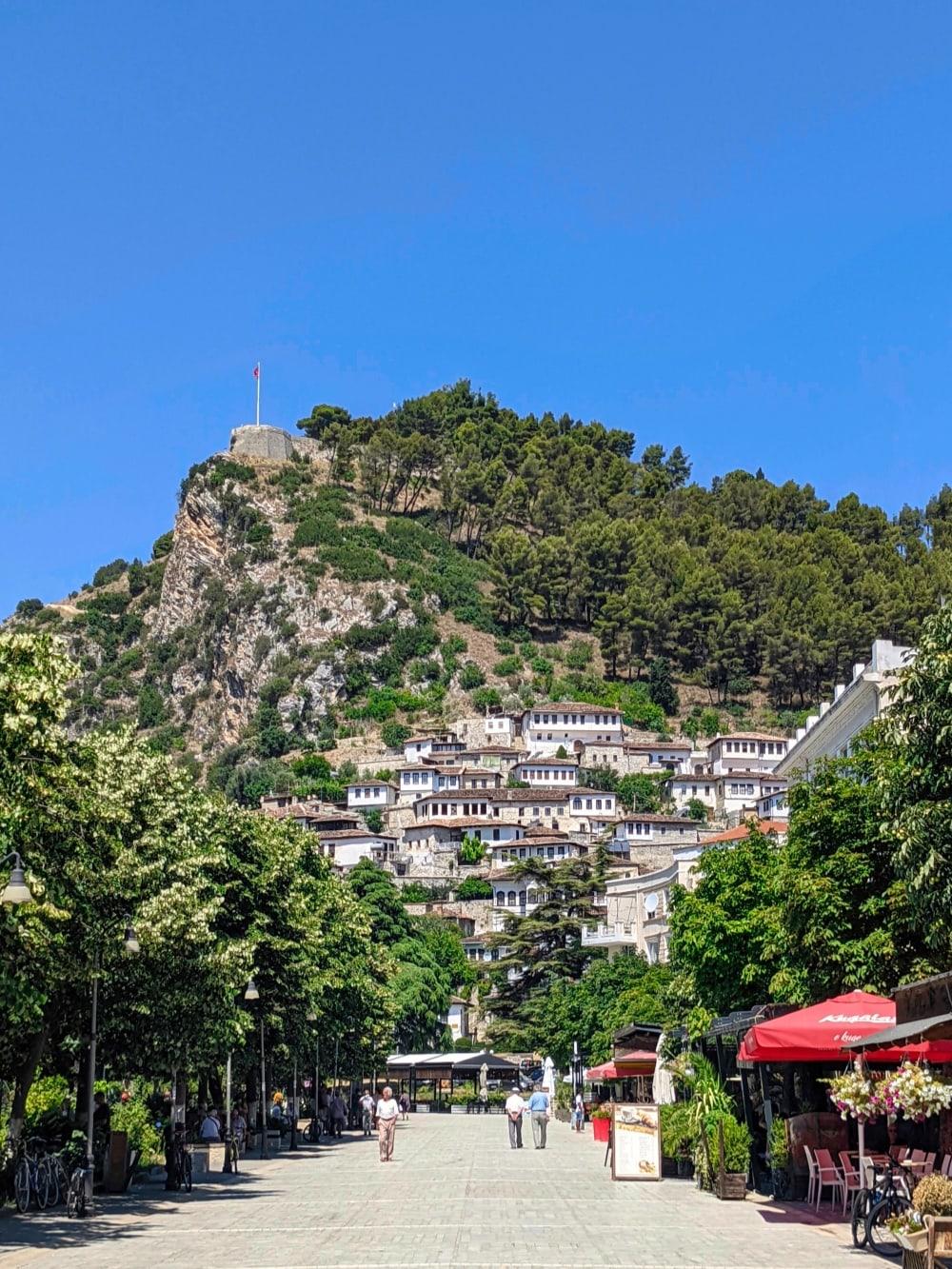 view of berat castle from bulevardi republika. Berat - city of a thousand windows